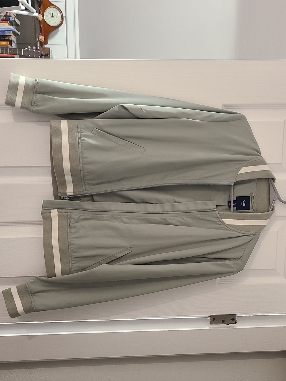 GAP Sage Green Bomber Jacket with Cream Stripe Trim